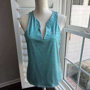 NIKE Dri-Fit Tank Top Womens L Blue Gray Stripe Deep V-neck Tennis Workout